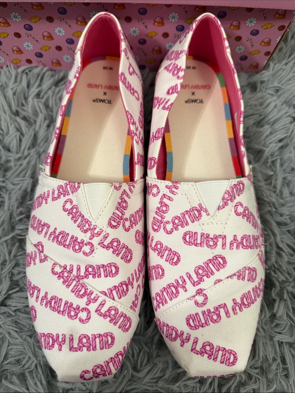 Toms Women's White Canvas Slip-Ons with Pink Candy Land Print
